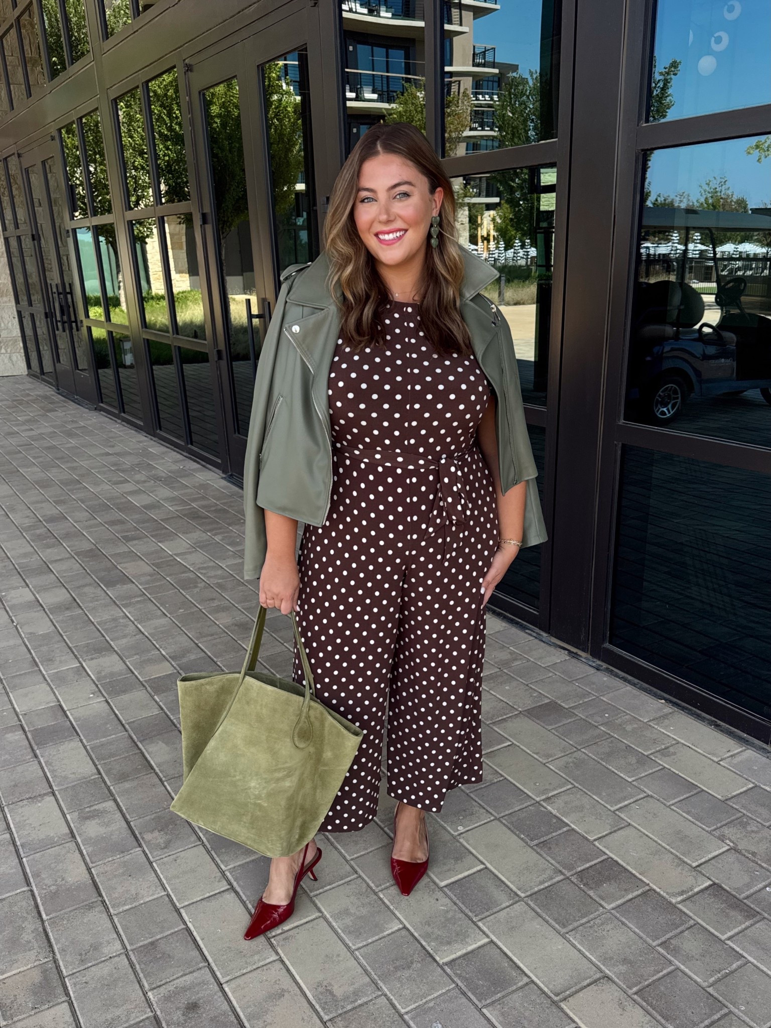 Work outfit - fall outfit - wearing size 14/16 in jumpsuit. XL in moto jacket (exact color is sold out). Sharing similar styles. 

#LTKCon #LTKWorkwear #LTKPlusSize