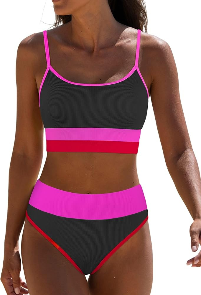 popvil Women Bikini Sets Two Piece Bathing Suit - Sporty High Waisted Swimsuit Cheeky Modest Ribb... | Amazon (US)