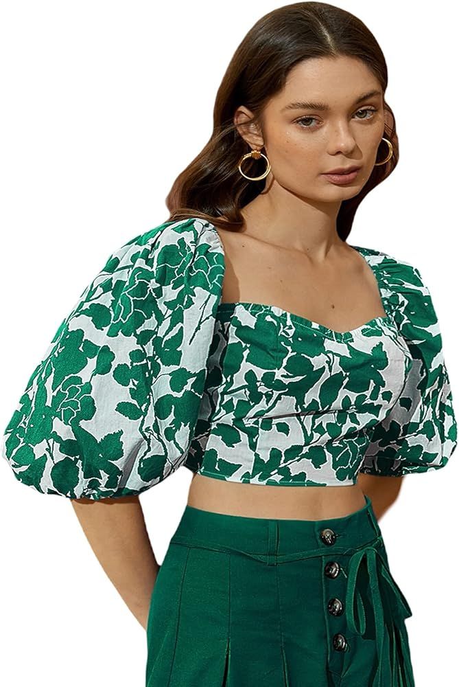 Floerns Open Back Green Floral Top | Amazon (US)