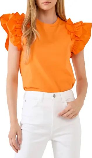English Factory Ruffle Sleeve Mix Media Cotton Top | Nordstrom | Nordstrom