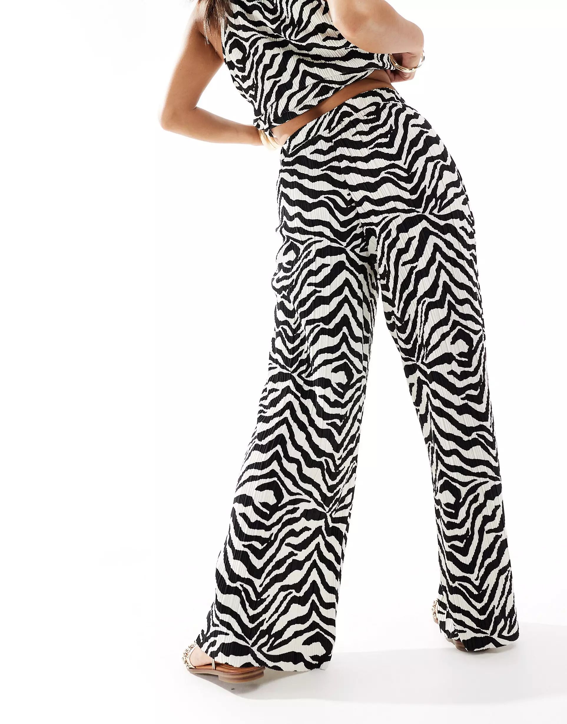 JDY Petite pull on wide leg plisse trouser co-ord in black & white zebra print | ASOS (Global)