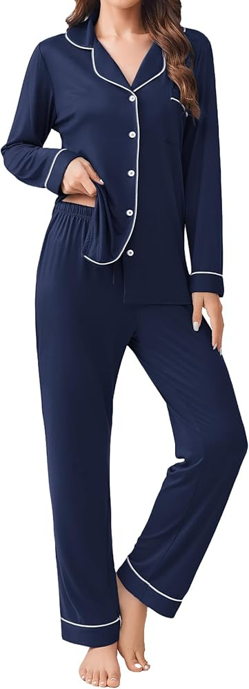 Ekouaer Womens Pajamas Set 2 Piece Button Down Pjs Soft Long Sleeve Top and Pants Sleepwear Set L... | Amazon (US)