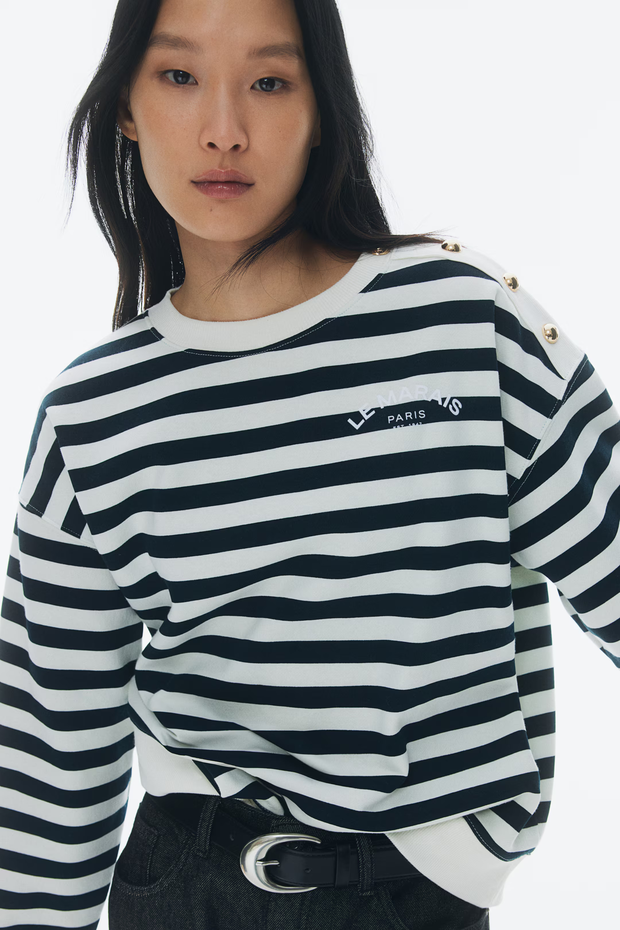 Sweatshirt with Text Motif - White/navy blue striped - Ladies | H&M US | H&M (US + CA)
