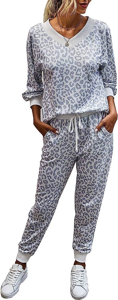 BTFBM Women Leopard Print Tie Dye 2 Piece Pajamas V-Neck Long Sleeve Drawstring Pants Pockets PJ ... | Amazon (US)
