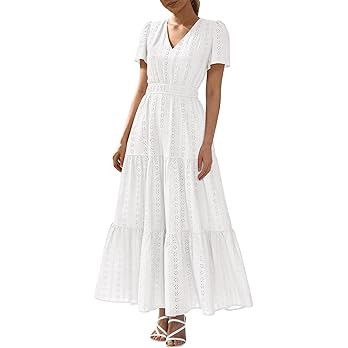 BTFBM Womens Summer Dresses 2026 V Neck Hollow Out Eyelet A Line Flowy Boho Beach Vacation Weddin... | Amazon (US)