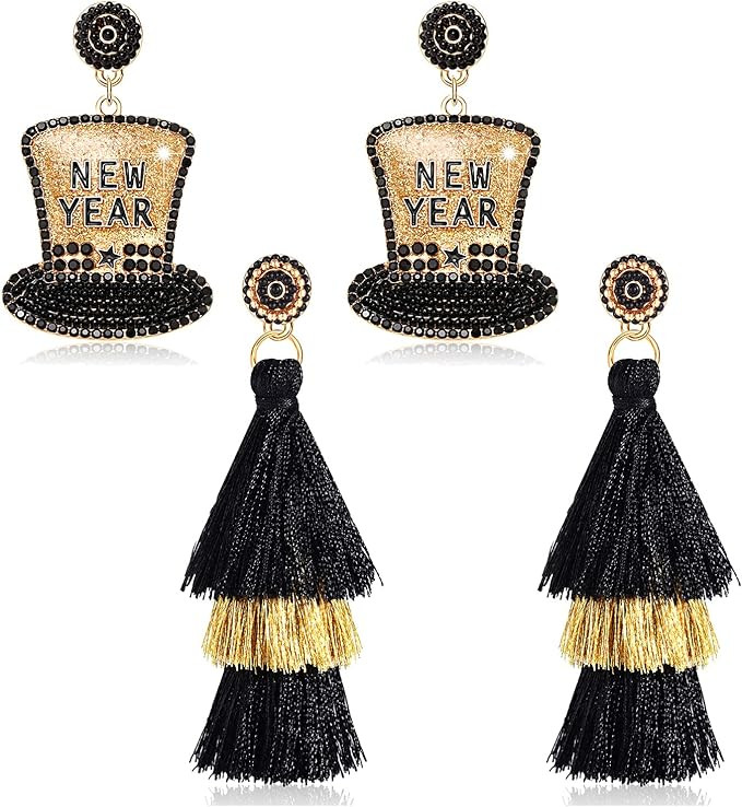 Happy New Year Earrings Beaded 2023 Earrings Rhinestone Letter NYE Star Hat Drop Dangle Earrings ... | Amazon (US)