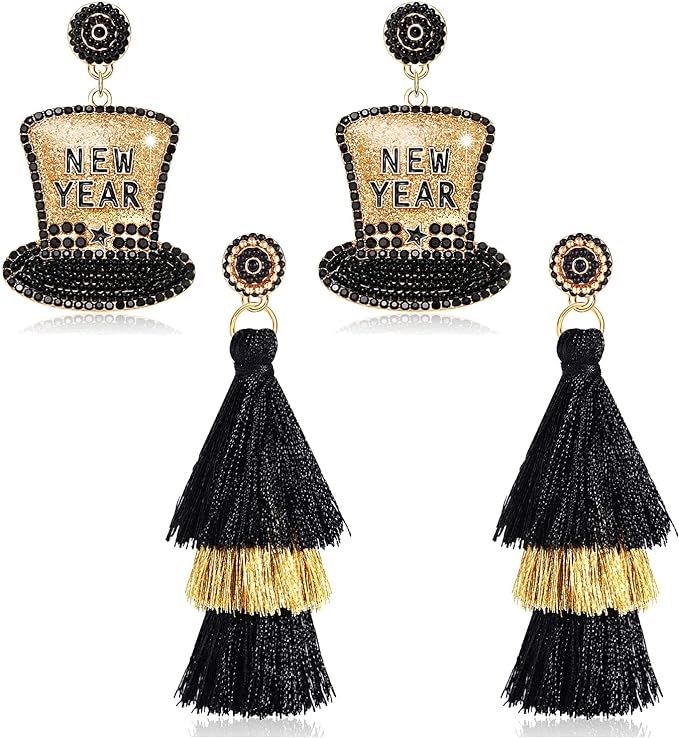 Happy New Year Earrings Beaded 2023 Earrings Rhinestone Letter NYE Star Hat Drop Dangle Earrings ... | Amazon (US)