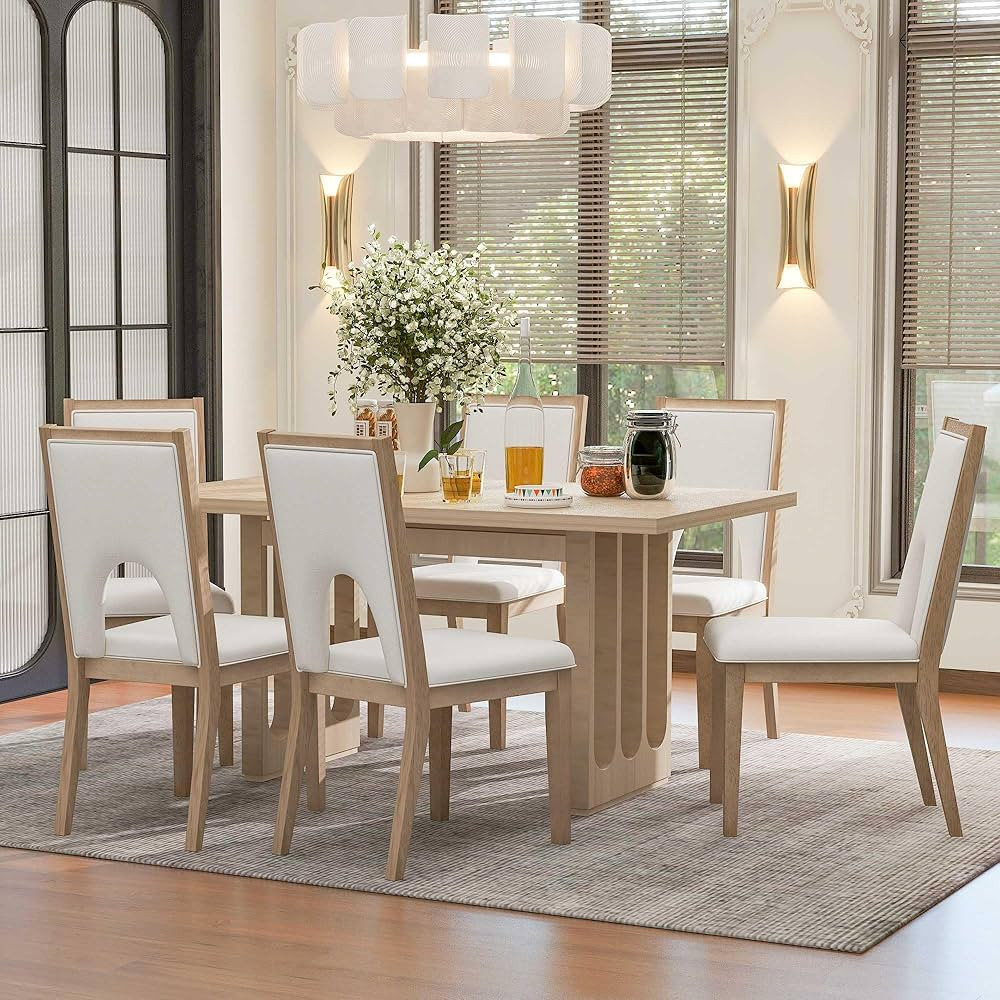 LUMISOL 7 Piece Dining Table Set, Farmhouse Kitchen Table Set with 6 Upholstered Dining Chairs, S... | Amazon (US)