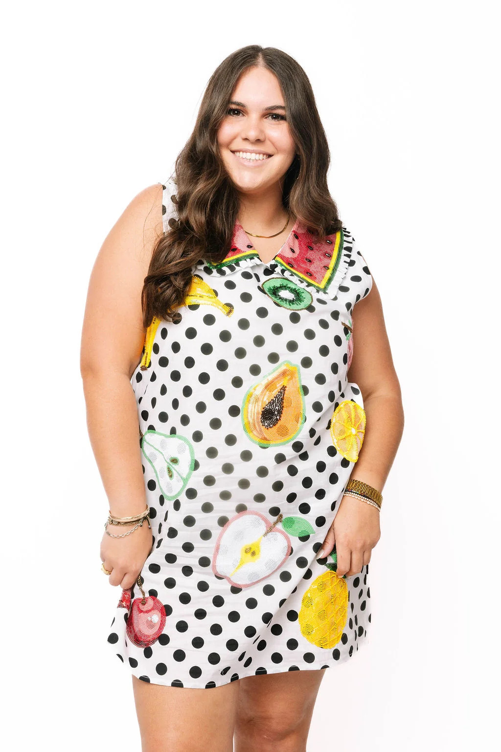 White & Black Polka Dot Multi Fruit Collar Cotton Tank Dress | Queen of Sparkles