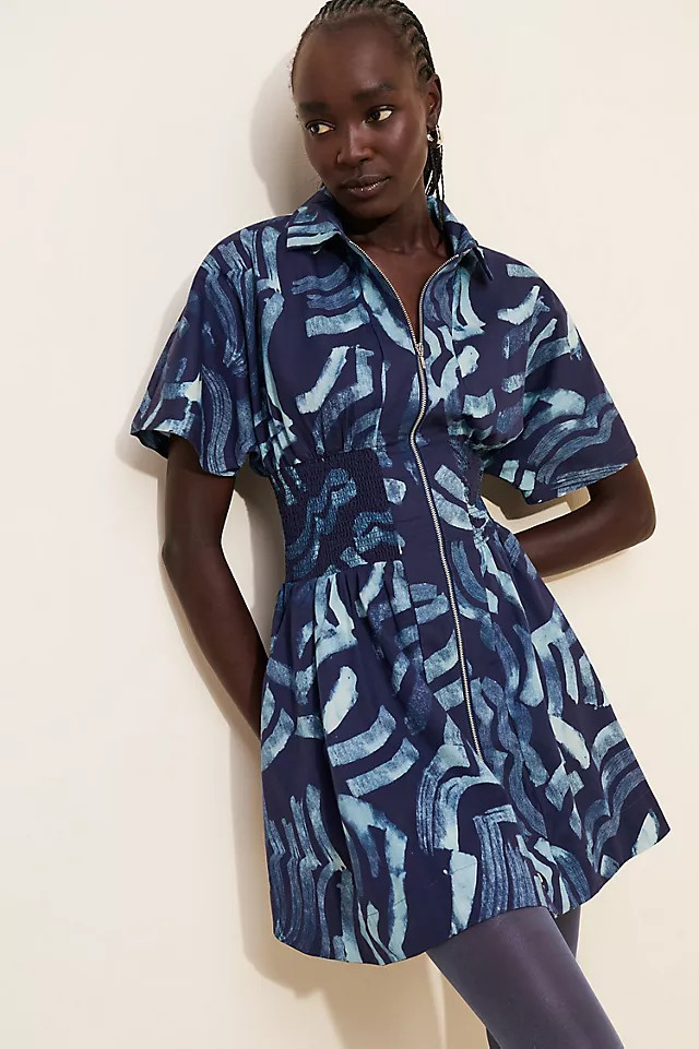 The Tommie Short-Sleeve Smocked Front-Zip Mini Shirt Dress | Anthropologie (US)