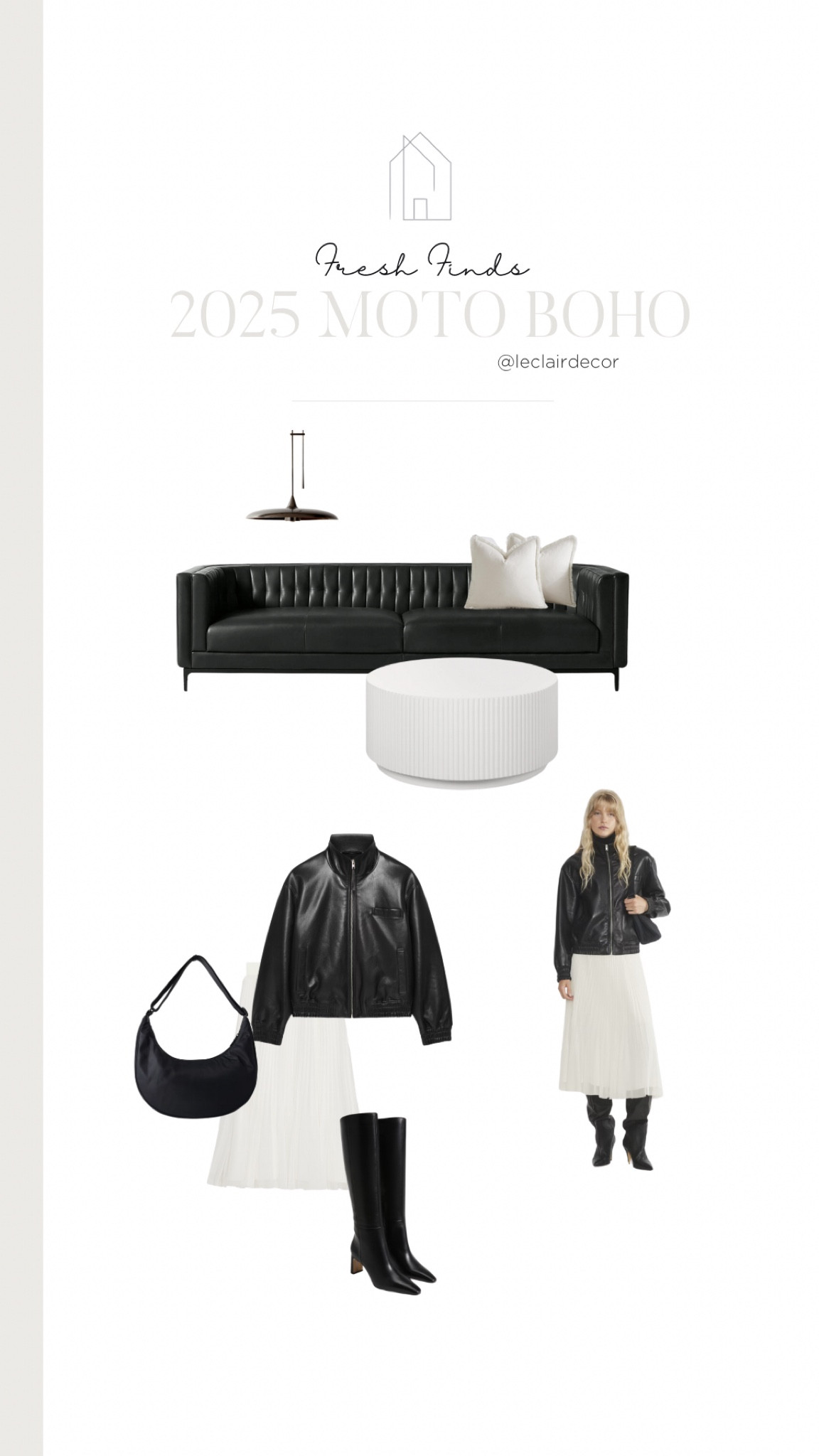 A fresh medley of feminine and masculine. Boho, moto, leather, pleated skirt, leather jacket, leather sofa, ribbed coffee table. 

(Coffee Table from Article). 

#LTKStyleTip #LTKHome