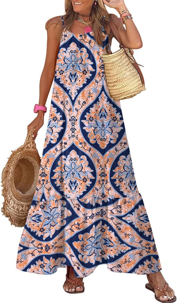 Dokotoo Women Summer Dresses 2025 Spaghetti Strap Scoop Neck Smocked Ruffle Flowy Boho Maxi Dress | Amazon (US)