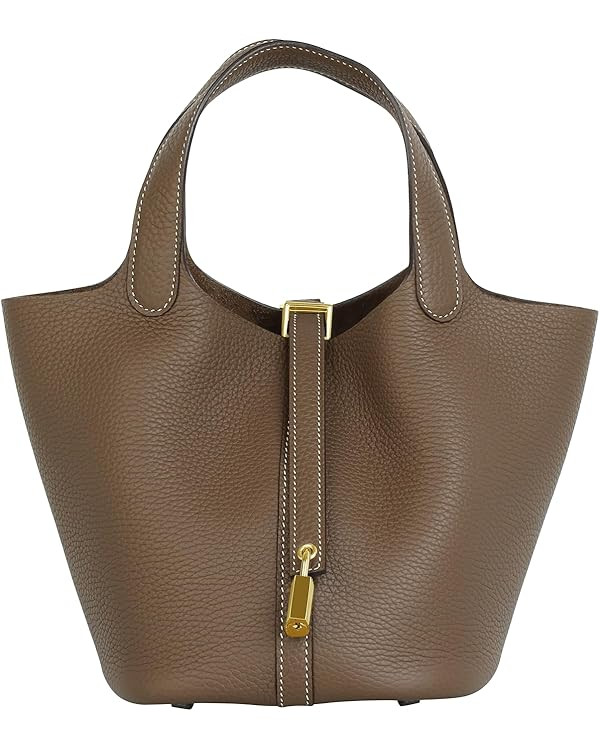 Genuine Leather Bucket Bag for Women Handheld tote bag with metal clasp, bohemian-style market to... | Amazon (US)