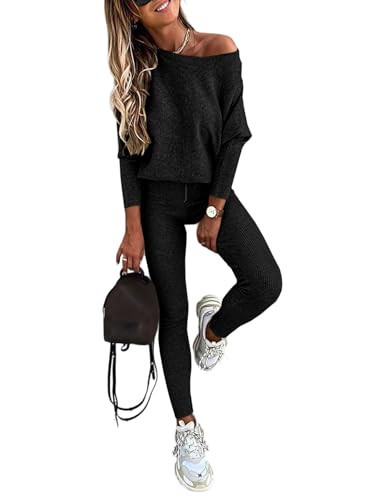 CHICME 2 Piece Lounge Outfit Long Sleeve Knit Pullover Tops Drawstring Pants Set Tracksuit Sweatsuit Black-L | Amazon (US)