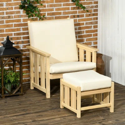Patio Furniture Set, Wood Outdoor Patio Chair With Ottoman, 2 Piece Cushioned Outdoor Lounge Chair,Beige, Patio Set | Wayfair North America