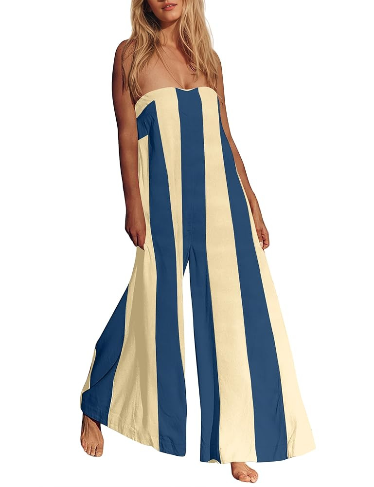 Comfy Wide Leg Jumpsuits For Women Summer Casual Strapless Striped Romper Loose Sleeveless Beach ... | Amazon (US)