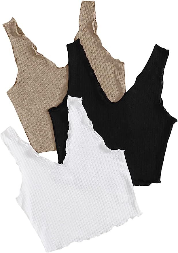 Milumia Women's 3 Pieces V Neck Ribbed Knit Lettuce Trim Soft Crop Tank Tops Set | Amazon (US)
