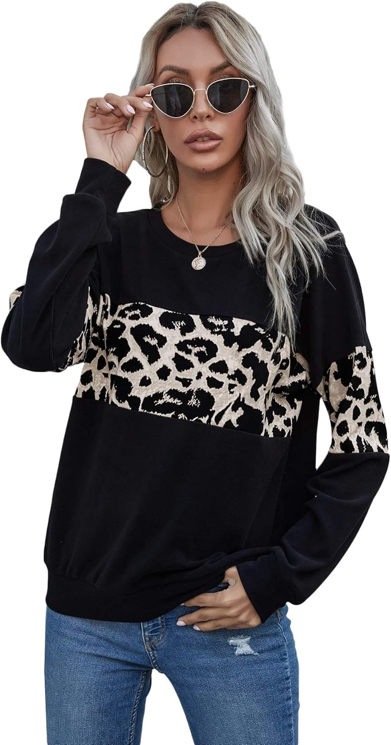 SheIn Women's Round Neck Long Sleeve Leopard Colorblock Sweatshirt Pullover Tops | Amazon (US)