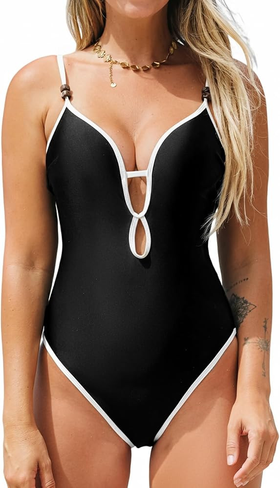 CUPSHE Women's One Piece Swimsuit Plunging V Neck Keyhole Bathing Suit Cutout Adjustable Straps S... | Amazon (US)