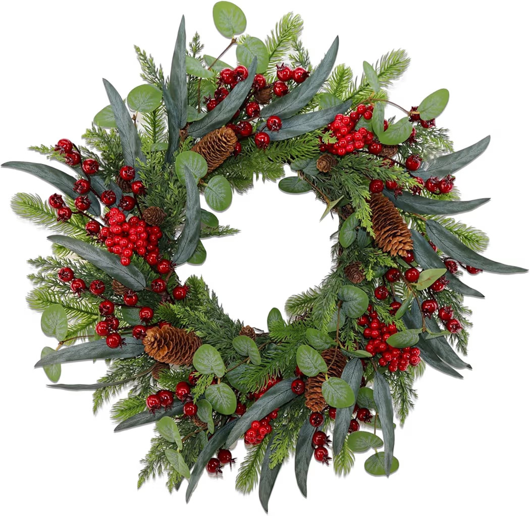 22 Inch Artificial Christmas Wreaths for Front Door, Winter Wreath with Big Pine Cones、Pine Nee... | Amazon (US)