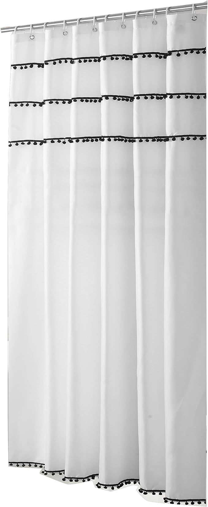 Sfoothome White Shower Curtain with Black Ball Tassel, Waterproof Bathroom Curtains,White(72 x 72... | Amazon (US)