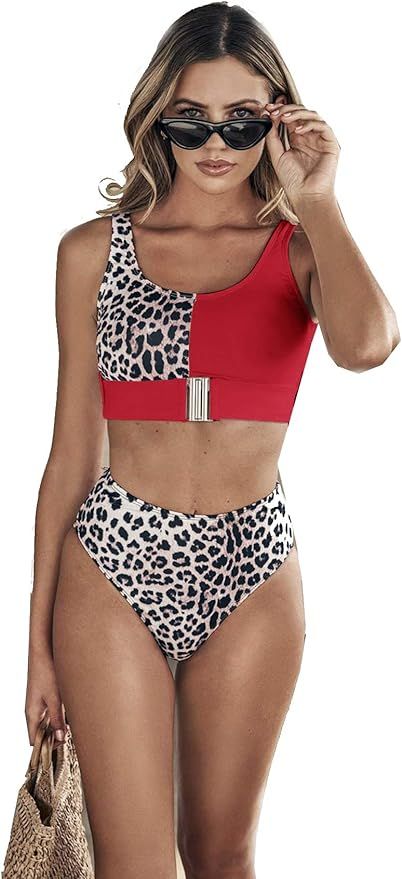 Floerns Women's High Waist Leopard Bikini Buckle Front Two Piece Cheetah Swimsuit | Amazon (US)