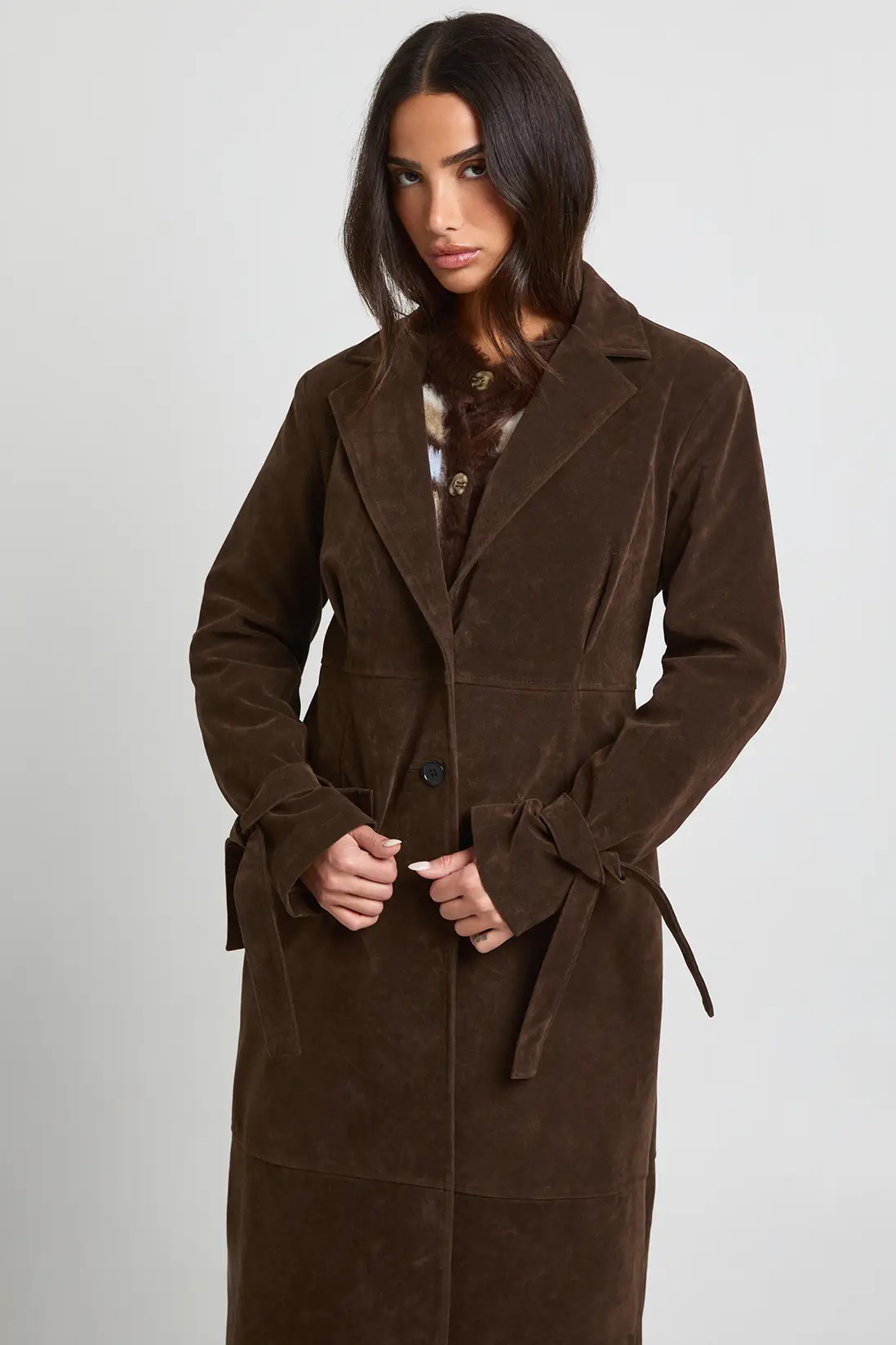 Petite Faux Suede Cinched Longline Coat | Boohoo.com (UK & IE)