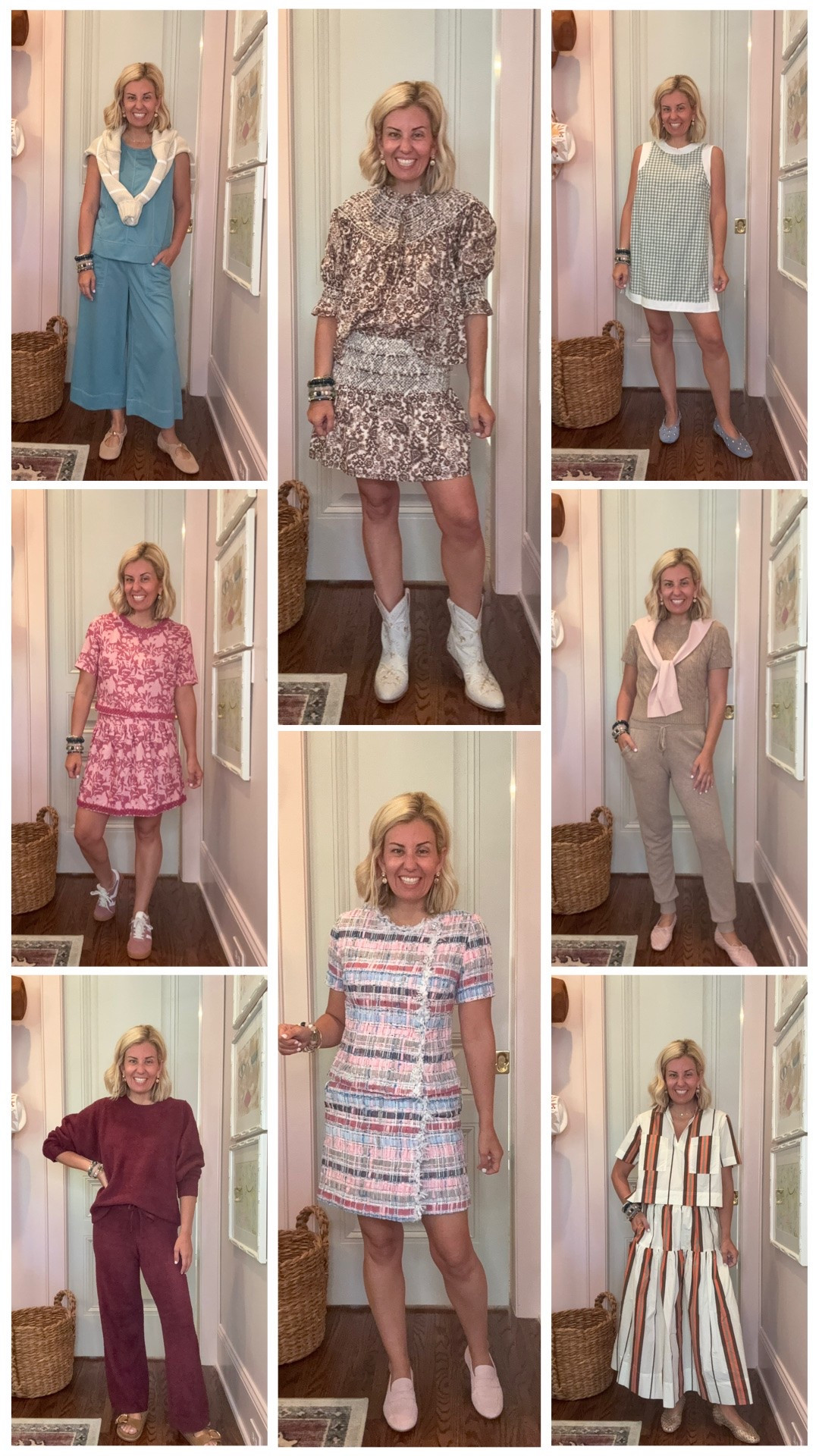 Sets roundup…..sooooo good! 
Sizing:
Benaar La set- top xs & skirt small 
Zon teal set - small
Zon shirt set - small
Hill House set - top xs & skirt small
Tnuck pink set - top small & xs skirt 
Sunshine Tienda - top & skirt - xs
Quince - sweater & joggers xs
Softies set - top & pants small
CODES:
Sunshine Tienda - mixandmatch
Allie + Bess - Catherine20