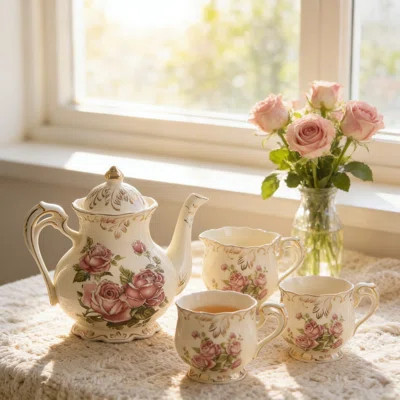Vintage Rose Porcelain Tea Set For 4 With Teapot, Cups, Serving Tray, And Spoons - Elegant Floral Tea Party Gift Set | Wayfair North America