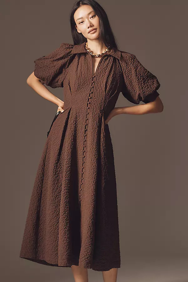 English Factory Puff-Sleeve Textured Midi Shirt Dress | Anthropologie (US)