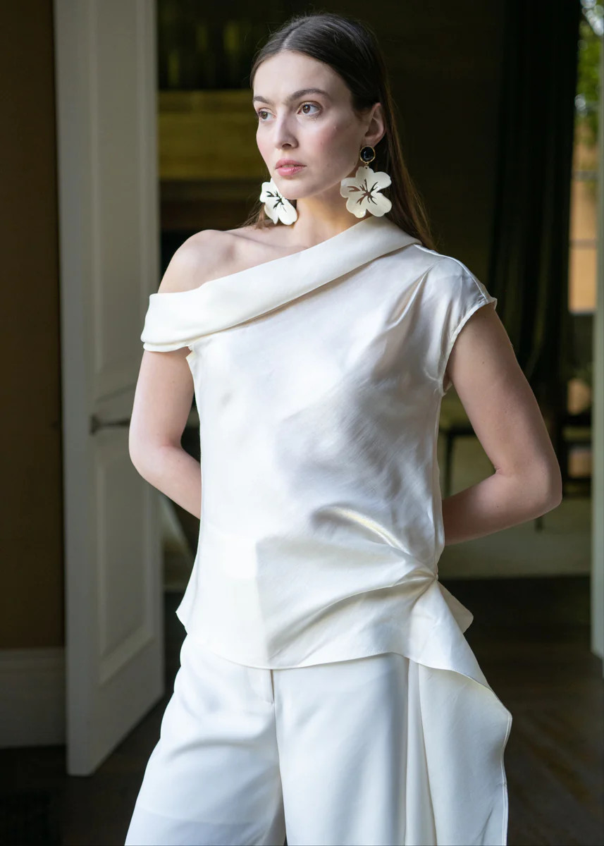 Allison Asymmetric Sheer Top with Long Side Ruffle | Benaar La
