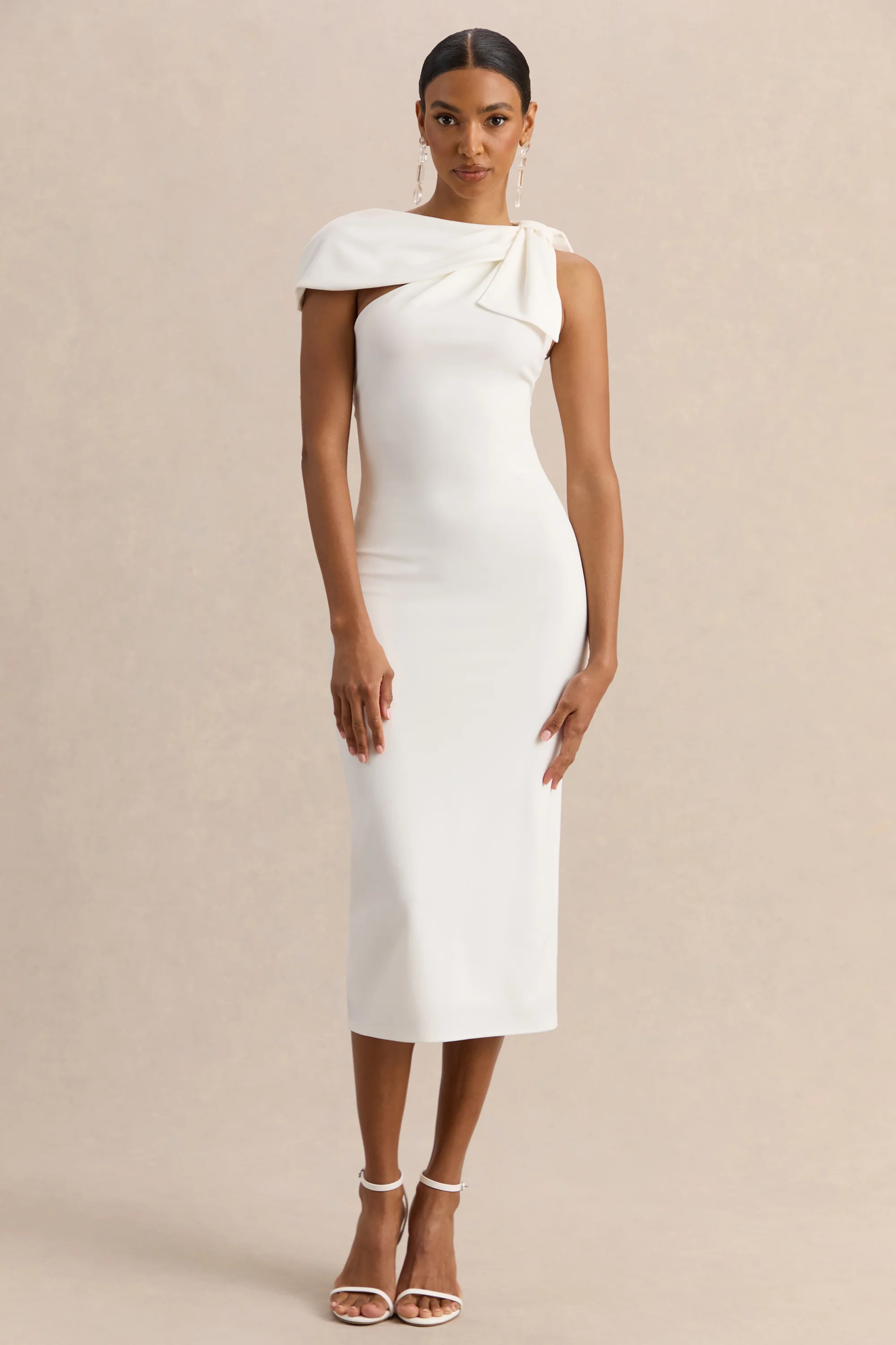 Clarina | White Asymmetric-Neck Midi Dress With Bow-Detail | Club L London
