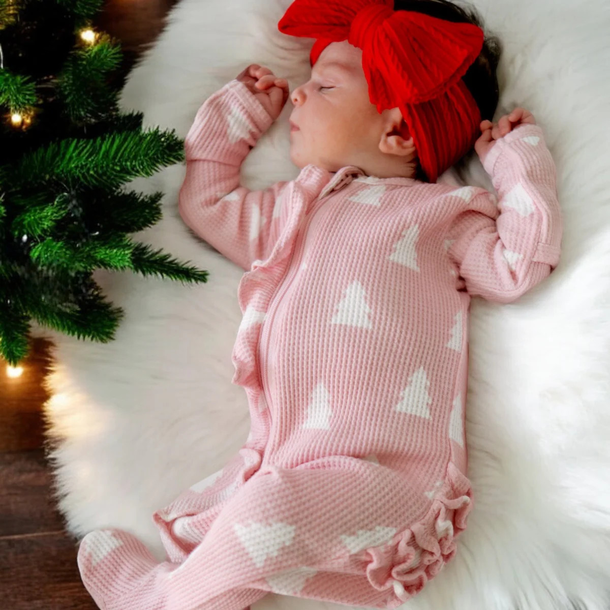 Organic Waffle Ruffle Zip Footie, Pink Christmas Trees | SpearmintLOVE