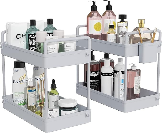 Ronlap 2 Pack Under Sink Organizers and Storage, 2 Tier Bathroom Organizer Under Sink with Handle... | Amazon (US)