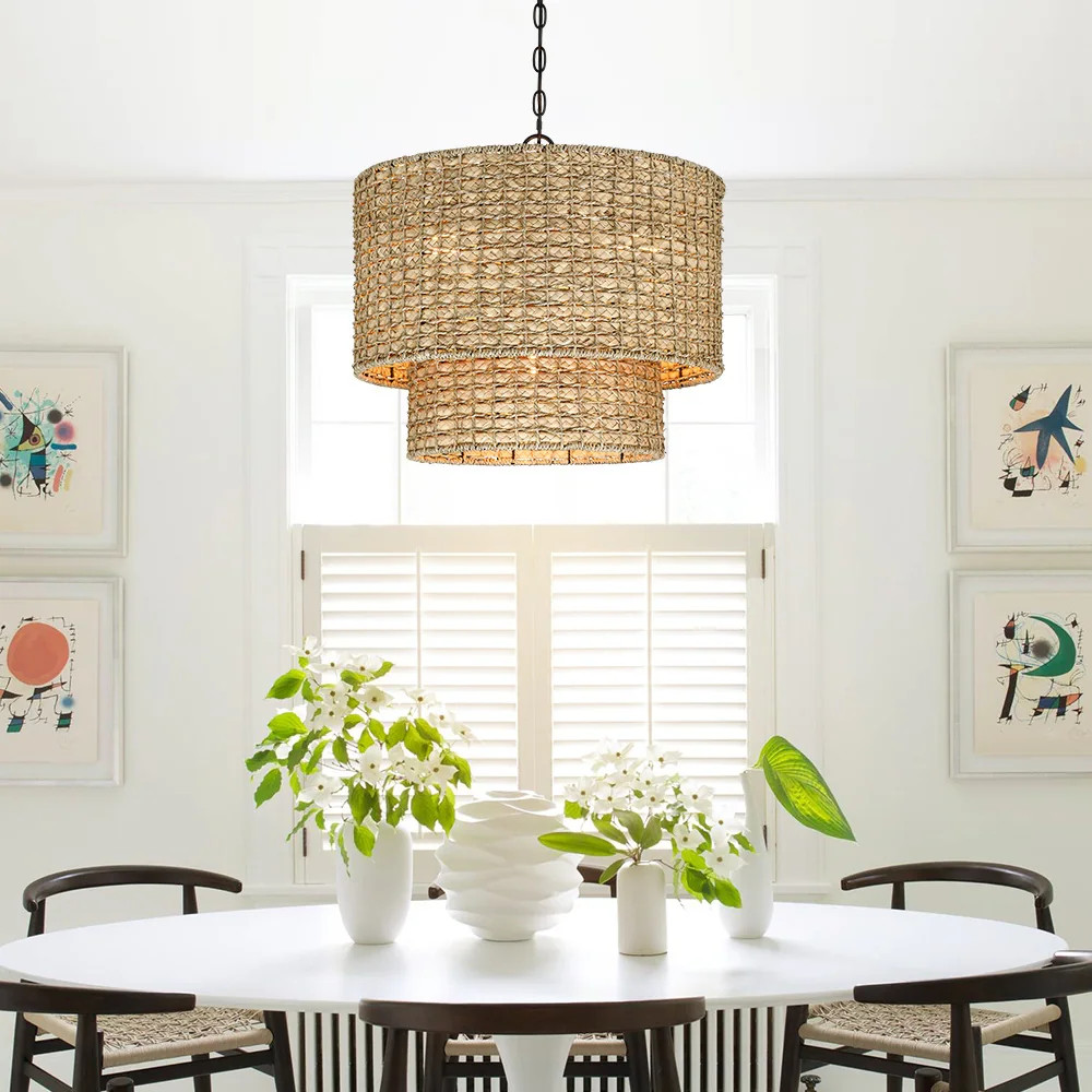 4-Light Natural Rattan Traditional Drum Pendant Light Black Canopy - Black/earthy - 20 in. W - Be... | Bed Bath & Beyond