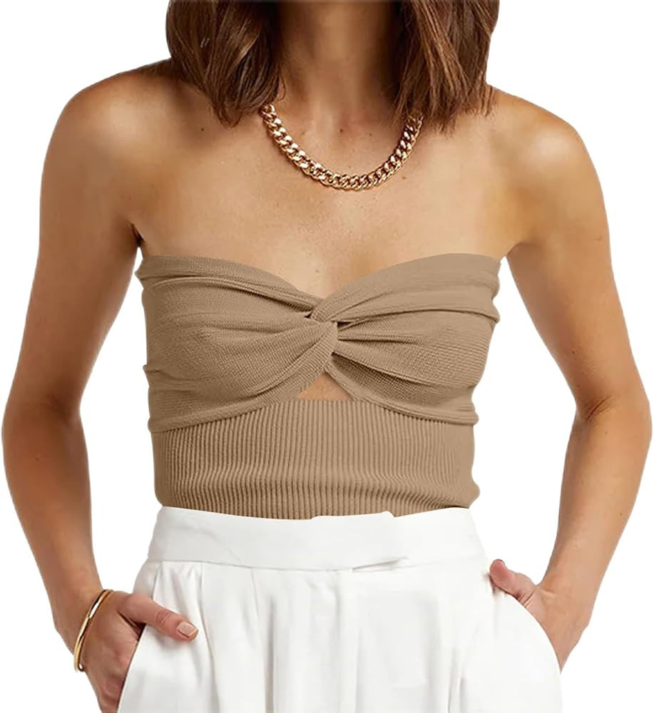 Women Strapless Crop Tube Top Sexy Ribbed Knit Cutout Twisted Knot Front Sleeveless Y2K Corset Ta... | Amazon (US)