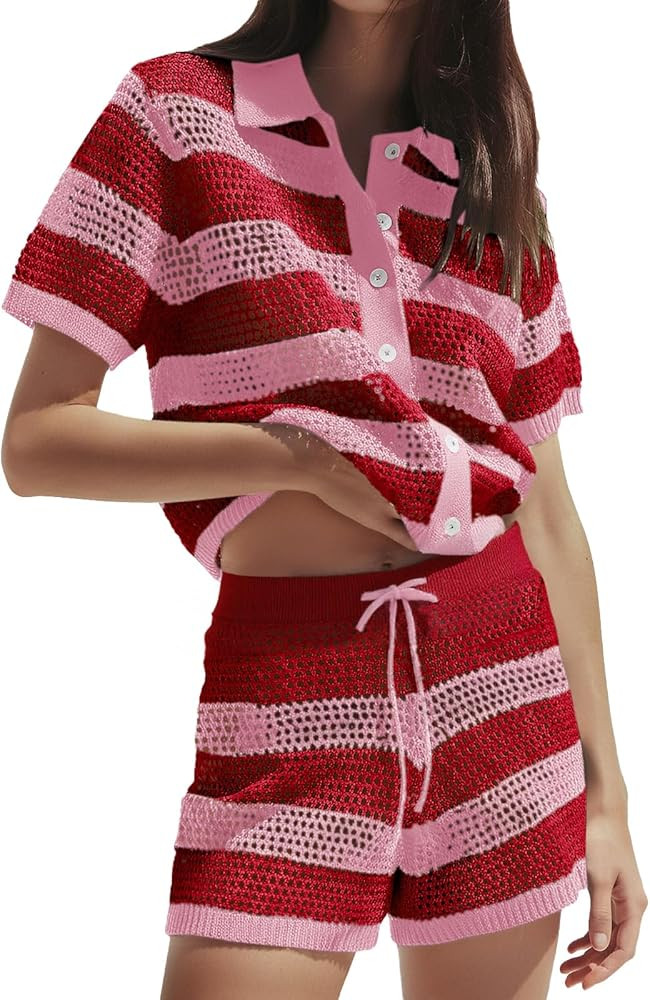 Tankaneo Womens Crochet Swimsuit Coverup Summer 2 Piece Short Sets Striped Knit Short Sleeve Butt... | Amazon (US)
