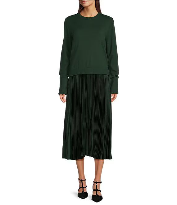 Twofer Long Sleeve Crew Neck Pleated Midi Dress | Dillard's