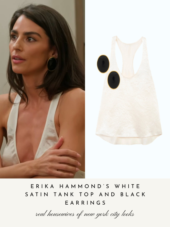 Erika Hammond's White Satin Tank Top and Black Earrings // Top by Because of Alice  

 