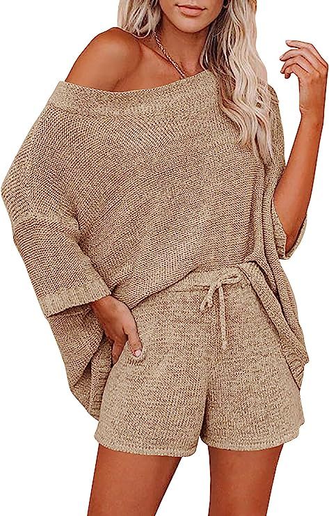 Mafulus Women's 2 Piece Outfits Sweater Set Off Shoulder Knit Top + Drawstring Waist Short Suits ... | Amazon (US)