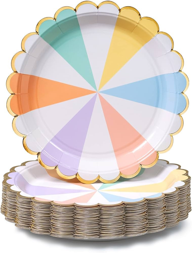 Party Paper Plates, 50-Pack, Disposable Paper Plates, Gold Foil Scalloped Edge, Striped Pastel, 9... | Amazon (US)