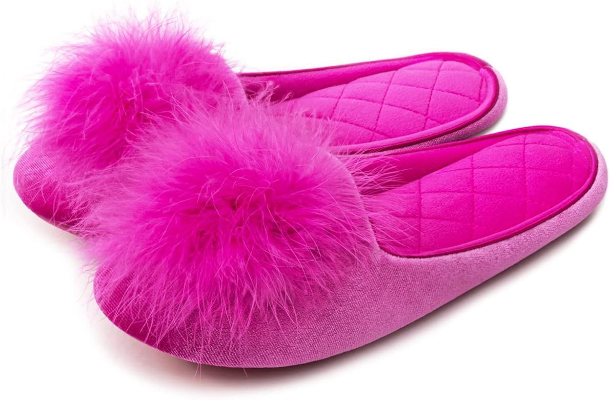 GRITHEIM Women's Fuzzy Pom Pom Feather Velvet House Slippers Sexy Cozy Bedroom Slippers for Ladies N | Amazon (US)