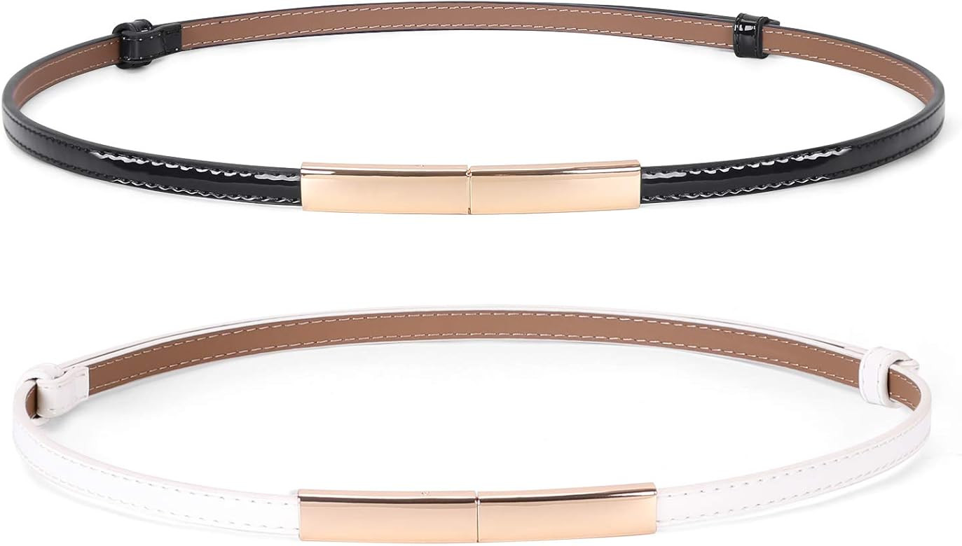JASGOOD Women's Skinny Patent Leather Belt Adjustable Slim Waist Belt with Gold Buckle for Dress | Amazon (US)