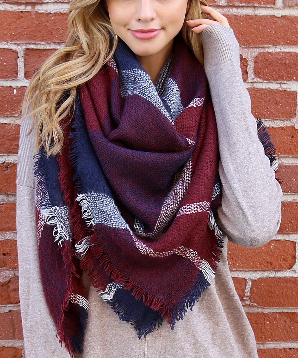 Riah Fashion Women's Cold Weather Scarves Wine - Wine & Navy Plaid Blanket Scarf - Women | Zulily