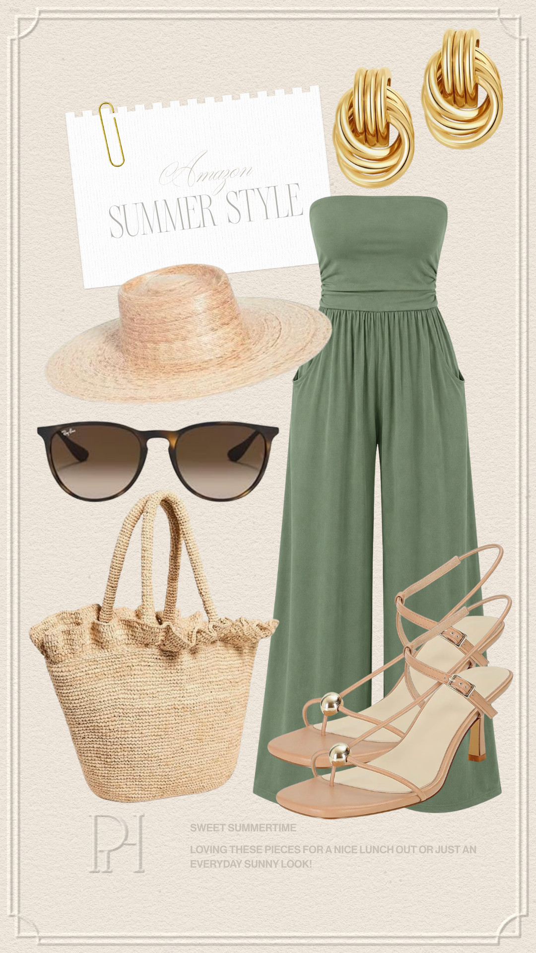 Amazon summer style finds for a chic sunny look!

summer fashion, summer outfit, summer looks, gold earrings, sun hat, straw hat, tan high heels, strappy sandals, high heeled sandals, straw handbags, raffia tote bag, sunglasses, green jumpsuit, strapless jumpsuit 

 #LTKgrwm #LTKootd #LTKSeasonal