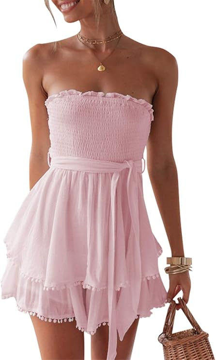 BerryGo Women's Sexy Off Shoulder Ruffle Romper Cotton Backless Short Jumpsuit | Amazon (US)