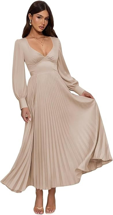 Pleated Satin Bridesmaid Dress V-Neck Long Sleeve Maxi Dresses for Women QA258 | Amazon (US)