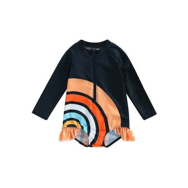 Bmnmsl Girl Swimwear Rainbow Round Neck Long Sleeve Ruffle One-peices | Walmart (US)