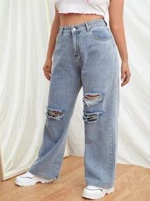 Plus High Waist Knee Ripped Wide Leg Jeans SKU: swdenim25210615169(1000+ Reviews)Cotton$25.00$23.... | SHEIN