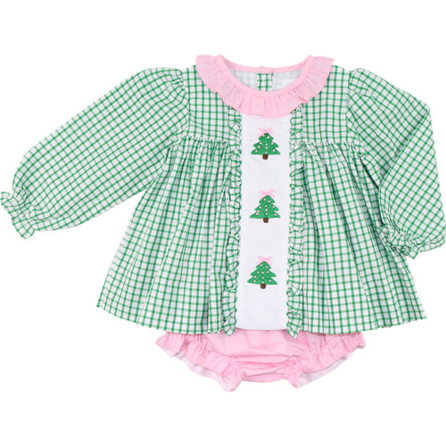 Green And Pink Windowpane Embroidered Christmas Tree Diaper Set | Cecil and Lou